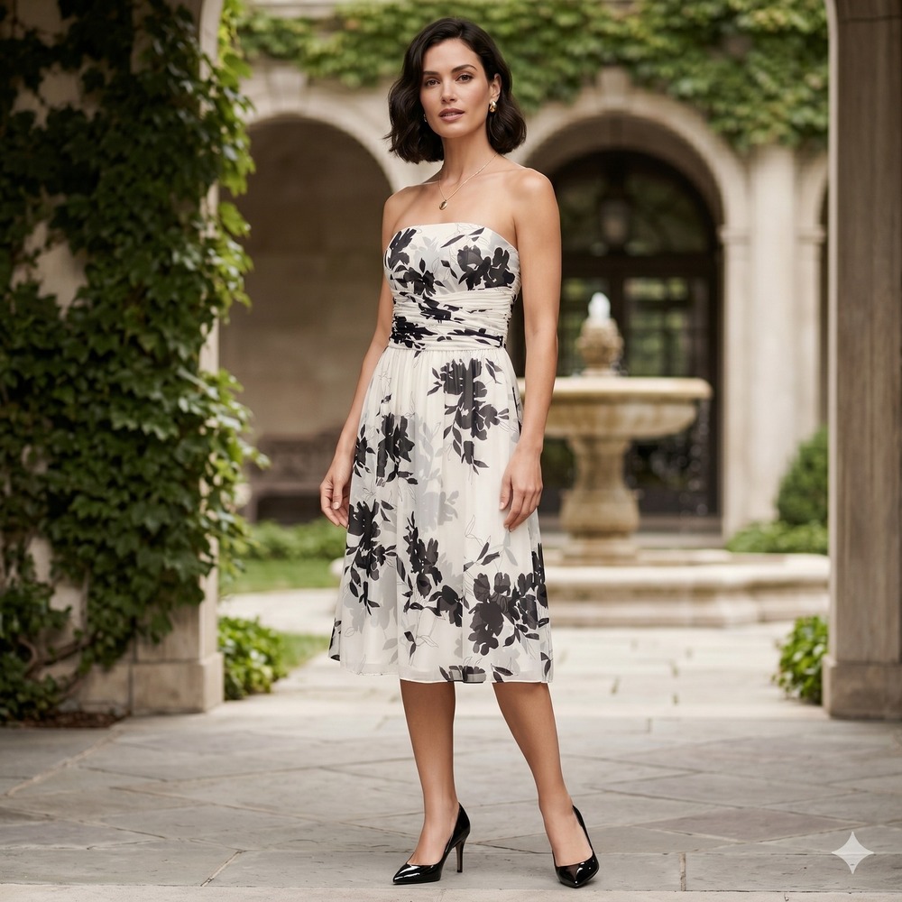 Ann Taylor 100% Silk Strapless Floral Dress 6 Ivory Black Cocktail Midi Pleated
